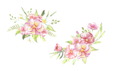 Obraz na płótnie Canvas Watercolor floral illustration - leaves and branches bouquets with pink flowers and leaves for wedding stationary, greetings, wallpapers, background. Roses, green leaves. . High quality illustration