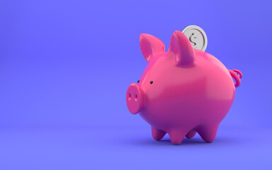 Piggy bank with dollar coin. Finance, saving money, bright pink piggy bank on blue background. 3d rendering.