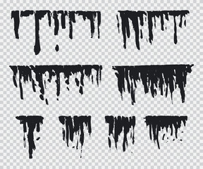 Black drip vector set isolated on a transparent background.