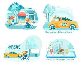 Bistro Order Free Delivery Flat Illustrations Set