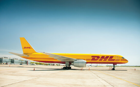 Ukraine, Borispol - MAY 22 : The Boeing 757-200 to transport cargo company DHL at Borispol International Airport on May 22, 2015 in Borispol, Ukraine. Plane against the background of the airport.