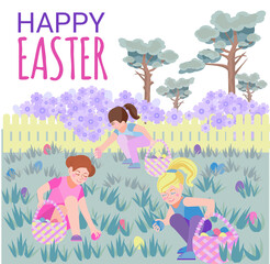 Easter card. Cute girls collect Easter eggs in baskets in the garden. Search for holiday eggs. Vector drawing in a flat cartoon style. Inscription : Happy Easter