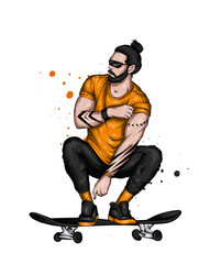 A muscular man with a beard and stylish clothes sits on a skateboard. Vector illustration, fashion and style, sports and accessories.