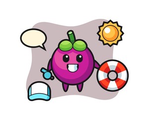 Cartoon mascot of mangosteen as a beach guard