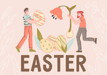 Easter card or banner template with people holding colored eggs and spring flowers above huge Easter word, flat vector illustration isolated on background. Spring holiday banner or poster design.