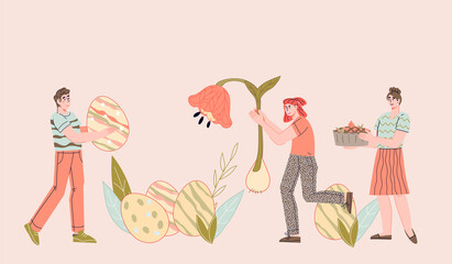 Easter holiday  card or banner with people holding eggs and spring flowers, flat vector illustration. Design for Easter party invitation or greeting poster, web banner.