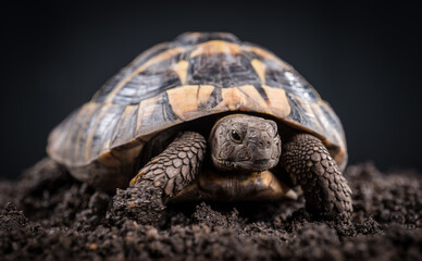 Eastern Hermann's tortoise, European terrestrial turtle, Testudo hermanni boettgeri, turtle on a black background and garden soil