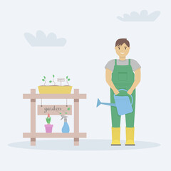 A man gardener watering flowers in the garden. Vector illustration of a spring hobby.