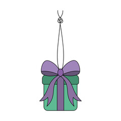 The gift in the box is tied with a bow. The surprise box hangs on a string with a knot. Colored vector illustration. Hanging decoration. A cute present is suspended on a string. 