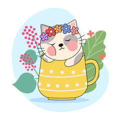 Cute illustration of a cat in a coffee cup