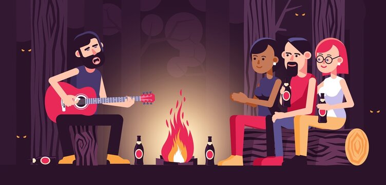 Campfire song with acoustic guitar. Friends singing songs by the bonfire in the forest. Vector illustration.