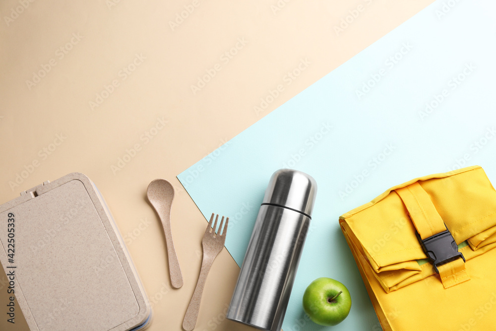 Poster Flat lay composition with thermos on color background. Space for text