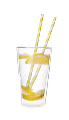 Soda water with lemon slices and straws isolated on white