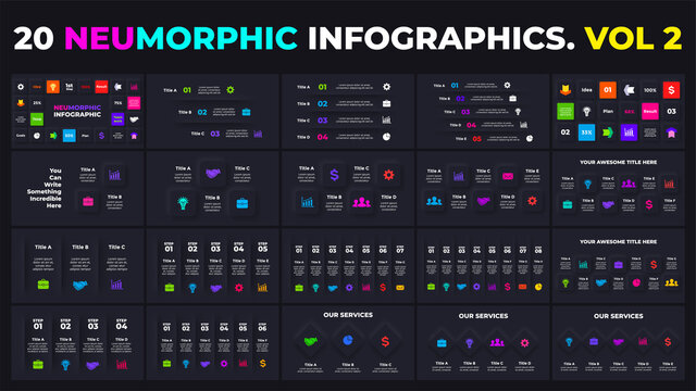 Neumorphic vector dark infographics. Presentation slide templates. Clean minimal flat style. 3, 4, 5, 6, 7, 8 options, steps, processes.