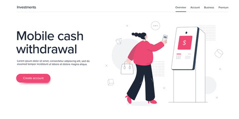 Young woman using credit card with ATM machine. Cash machine withdrawal or online money transfer. Internet banking smartphone pay. Website banner or webpage layout template.