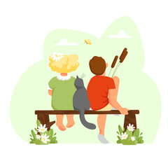a boy and a girl. children with a cat. kids in nature. children rear view. vector