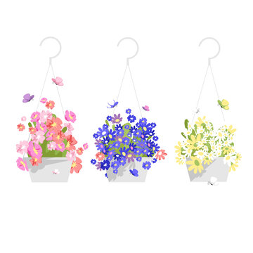 a set of vector isolated images of flowers in hanging planters. colorful plants