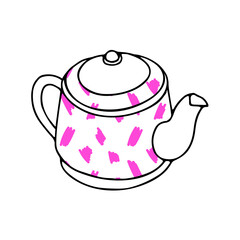 Black hand drawing illustration of a metal or clay kettle with pink abstract pattern and hot water for tea or coffee isolated on a white background