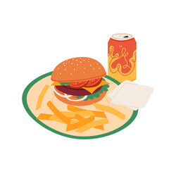 Tasty hamburger, fried potato and soda beverage isolated vector illustration. Fast food, American restaurant menu design element. 