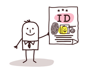 Cartoon smiling man showing a Valid Identity Card