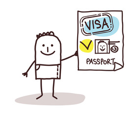 Cartoon smiling man showing a valid Passport and Visa