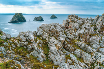 .The beautiful and rocky coast of France, the bays between the rocks, the turquoise color of the oceans. Ocean landscape.