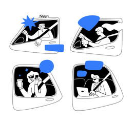 People in car.drive safety belt.Concept taxi driver mobiles. Man using mobile phone in car.Holding telephone.Businessman using car sharing. Dashboard and driver.Auto service on line.Rent a transport.