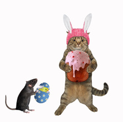 Fototapeta na wymiar A rat gives a blue egg with a chick to a cat in a pink easter bunny hat with an easter cake. White background. Isolated.
