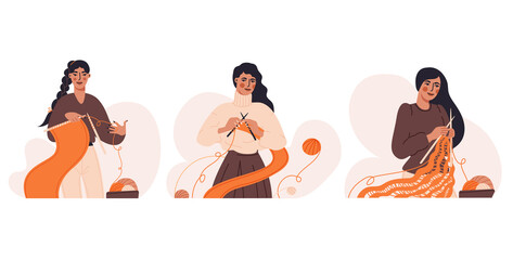 Traditional handmade craft banner design set. Cute woman knitting flat cartoon illustration collection. Different lifestyle concepts.