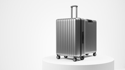 Two luxury gray aluminium suitcases on the podium over white background. Travel holiday vacation concept.