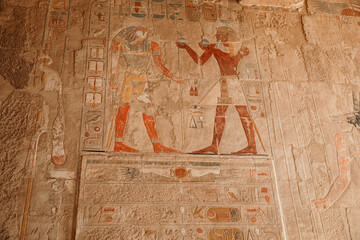 Ancient Egyptian Hieroglyphics in Hatshepsut Temple featuring the god horus