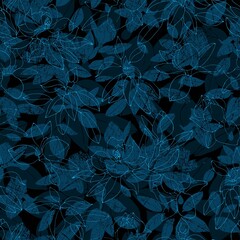 Seamless pattern with plants and contoured flowers. Dark background.