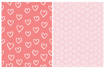 Cute Hand Drawn Irregular Romantic Vector Patterns with White Sketched Hearts Isolated on a Light Red and Pastel Pink Background. Funny Infantile Style Hearts Print ideal for Fabric, Textile