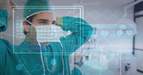 Digital interface with medical data processing against male surgeon wearing face mask