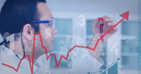 Financial data processing against male caucasian health worker working at laboratory