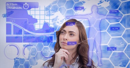 Digital interface with medical data processing against thoughtful caucasian woman