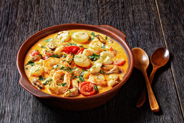 seafood saute in a bowl, top view