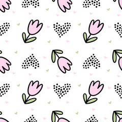Endless cute doodle background with flowers, hearts and dots. Flat vector pattern, ornament, textil, fabric or postcards