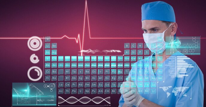 Digital interface with medical data processing against male health worker wearing face mask - Powered by Adobe