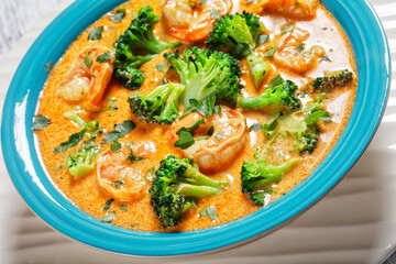 Creamy Tomato Soup with Shrimp and Broccoli