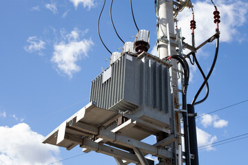 High voltage power transformer substation and blue sky