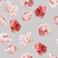 Seamless floral pattern with peonies flowers on summer background, watercolor illustration. Template design for textiles, interior, clothes, wallpaper