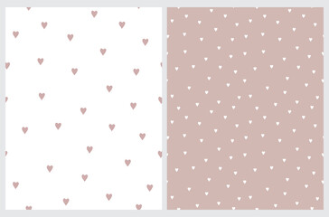 Cute Hand Drawn Irregular Romantic Vector Patterns with Tiny Hearts Isolated on a Light Dusty Pink and White Background. Funny Infantile Style Hearts Print.