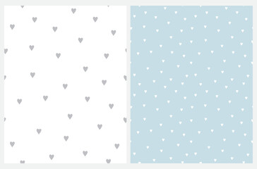 Cute Hand Drawn Irregular Romantic Vector Patterns with Tiny Hearts Isolated on a Light Blue and White Background. Funny Infantile Style Hearts Print.