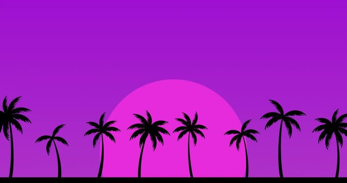 Tropical landscape with palm trees at sunrise and sunset. Animation of the movement of palm trees and the sun. 80s Retro style. Horizontal composition, 4k video quality