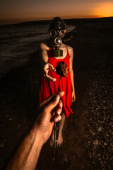 Giving a Rose to a Girl in Red Dress 