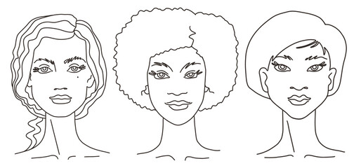 Group women of different nationalities and cultures together line art. Vector doodle illustration