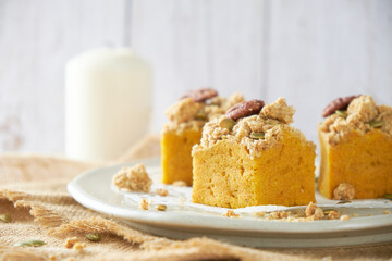 Pumpkin Cube pound cake set on cafe table.