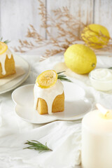 Lemon Cube pound cake set on cafe table.