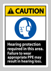 Fototapeta na wymiar Caution Sign Hearing Protection Required In This Area, Failure To Wear Appropriate PPE May Result In Hearing Loss